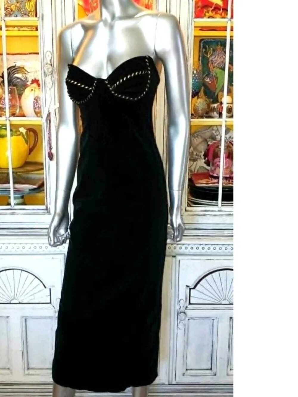 Vintage Betsey Johnson LUXE 90s RUNWAY SHOW Black Stretch Velvet Midi Slip Dress - Picture 13 of 16